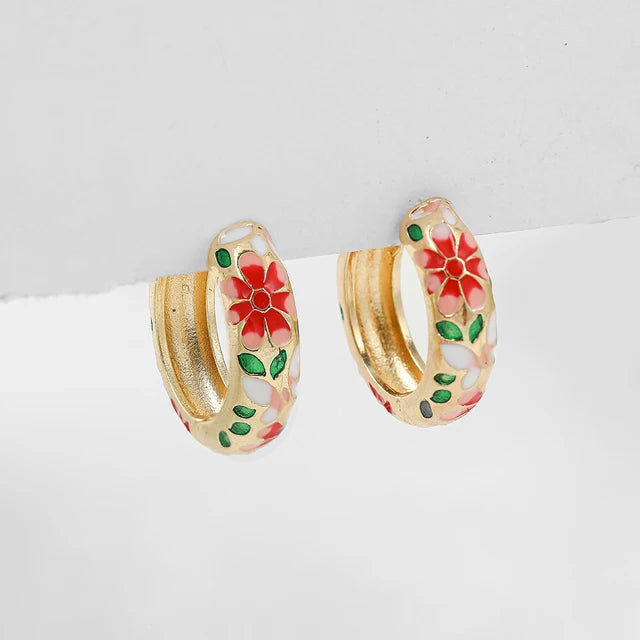 Boho Multicolor Enamel Flower Hoop Earrings for Women Vintage Drop Oil Earrings Jewelry Gift