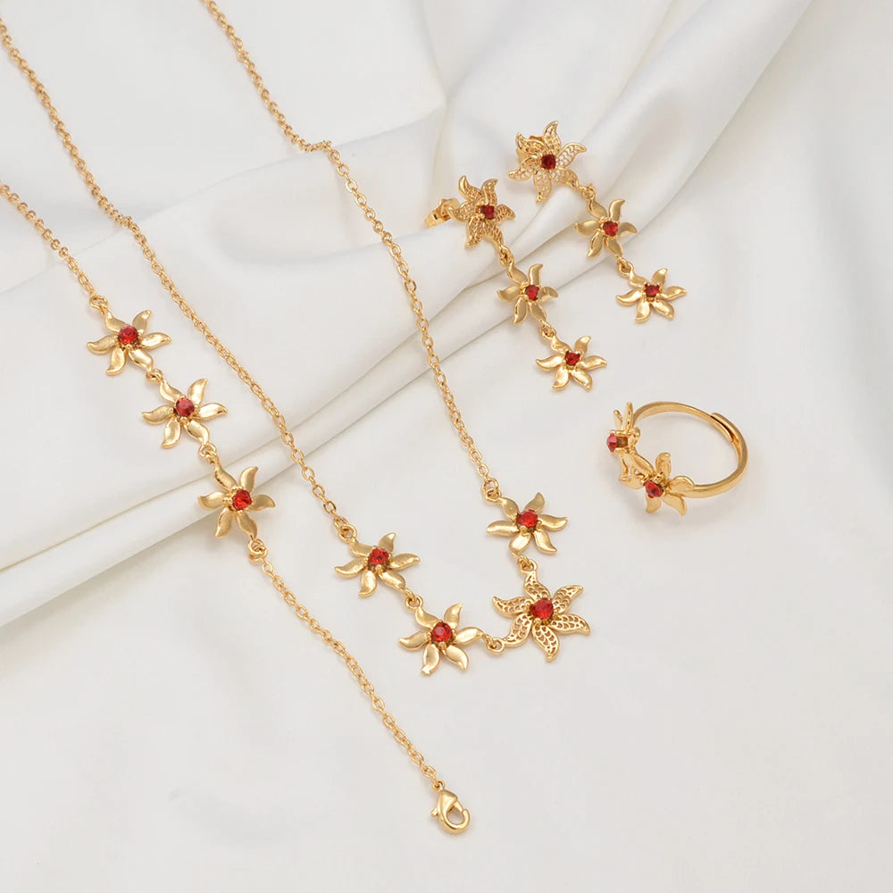 Tropical Flower Jewelry Set — Necklace, Earrings, Bracelet & Ring