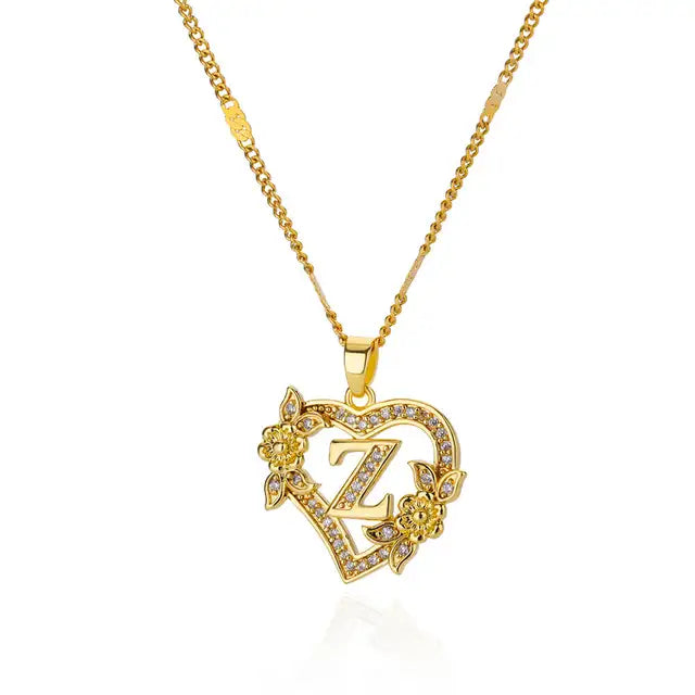 Zircon Flower Initials Necklaces For Women Stainless Steel Heart Gold Color Necklace