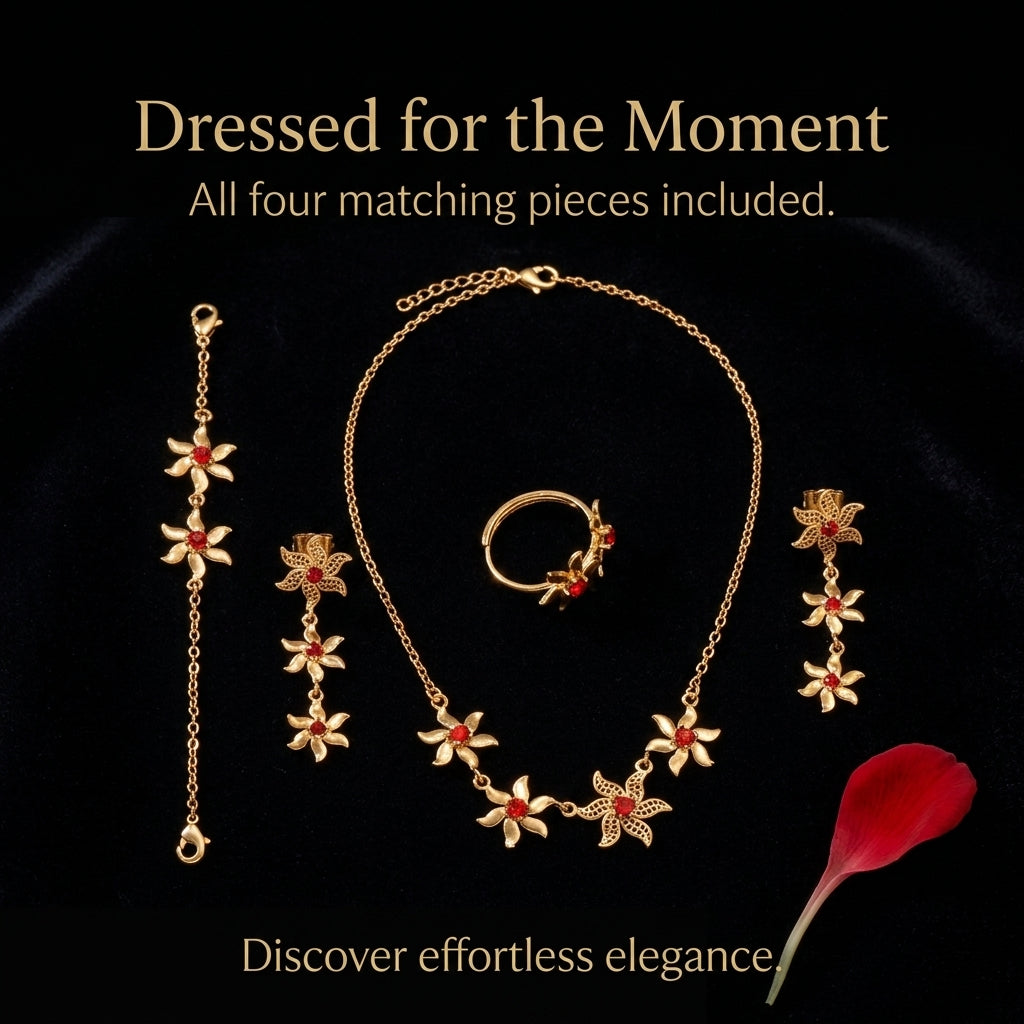 Tropical Flower Jewelry Set — Necklace, Earrings, Bracelet & Ring