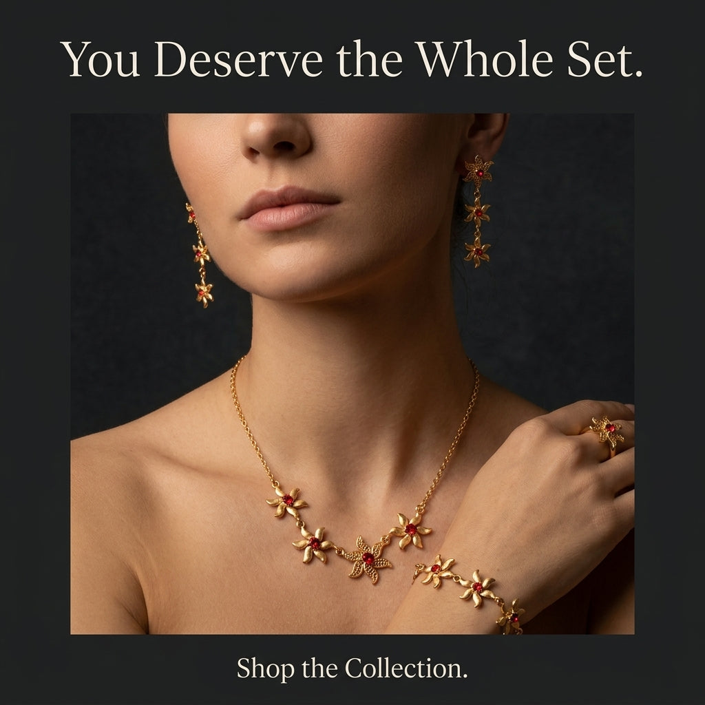 Tropical Flower Jewelry Set — Necklace, Earrings, Bracelet & Ring