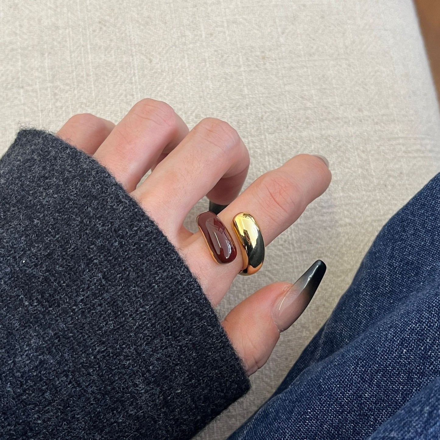 Gold dripping contrast stitching adjustable ring