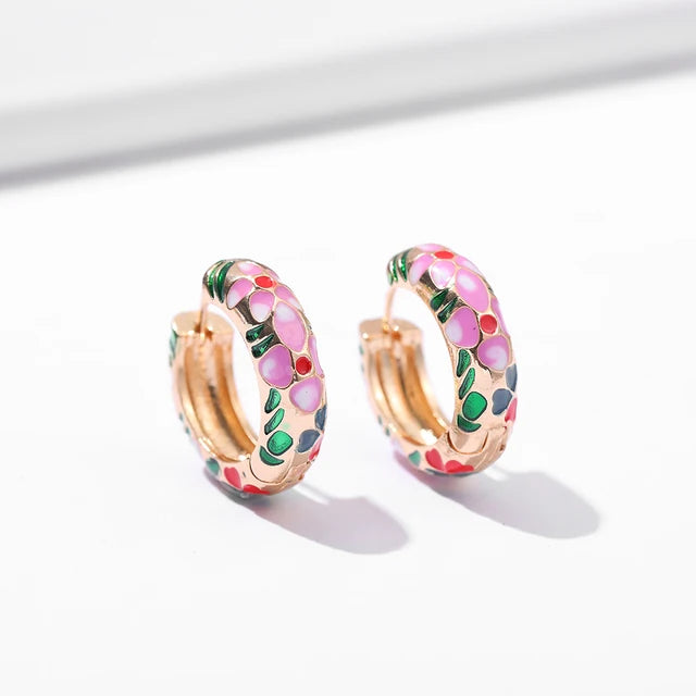 Boho Multicolor Enamel Flower Hoop Earrings for Women Vintage Drop Oil Earrings Jewelry Gift