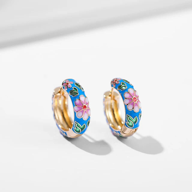 Boho Multicolor Enamel Flower Hoop Earrings for Women Vintage Drop Oil Earrings Jewelry Gift