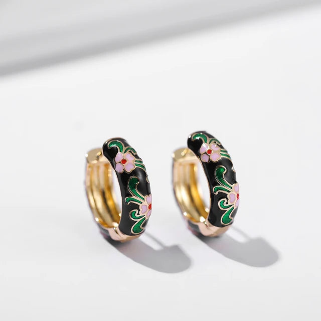Boho Multicolor Enamel Flower Hoop Earrings for Women Vintage Drop Oil Earrings Jewelry Gift