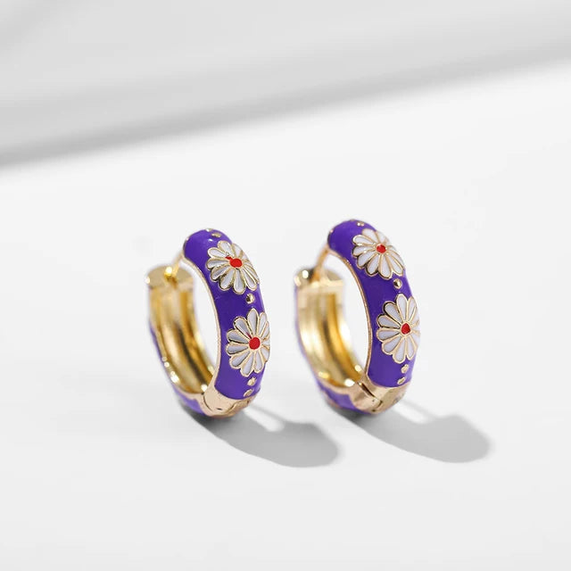 Boho Multicolor Enamel Flower Hoop Earrings for Women Vintage Drop Oil Earrings Jewelry Gift
