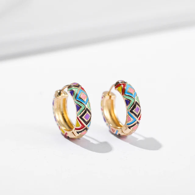 Boho Multicolor Enamel Flower Hoop Earrings for Women Vintage Drop Oil Earrings Jewelry Gift
