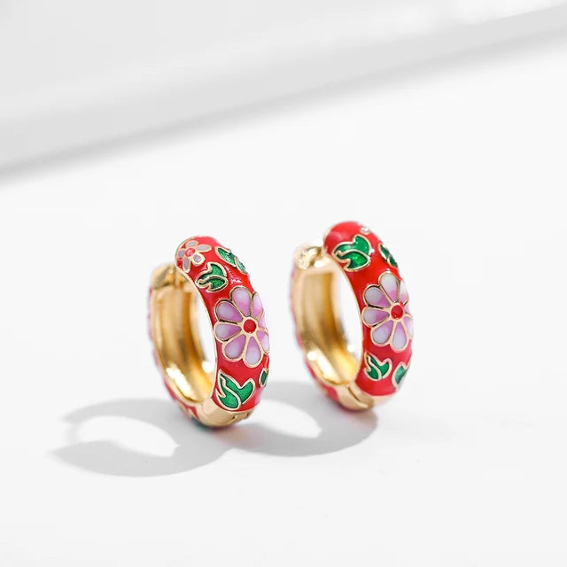 Boho Multicolor Enamel Flower Hoop Earrings for Women Vintage Drop Oil Earrings Jewelry Gift