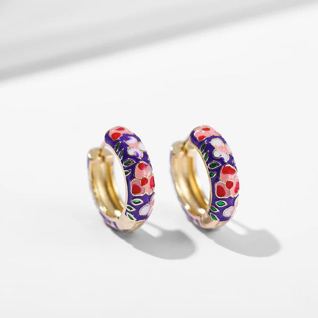 Boho Multicolor Enamel Flower Hoop Earrings for Women Vintage Drop Oil Earrings Jewelry Gift