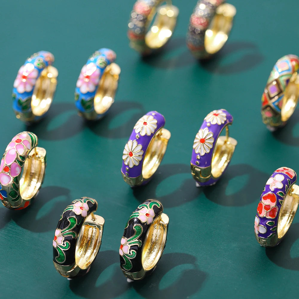 Boho Multicolor Enamel Flower Hoop Earrings for Women Vintage Drop Oil Earrings Jewelry Gift