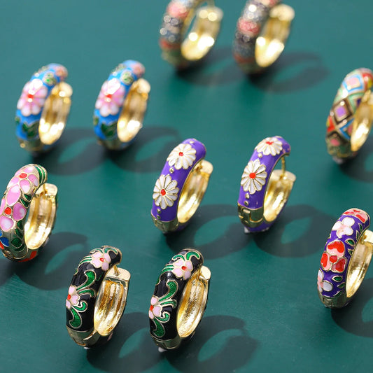 Boho Multicolor Enamel Flower Hoop Earrings for Women Vintage Drop Oil Earrings Jewelry Gift