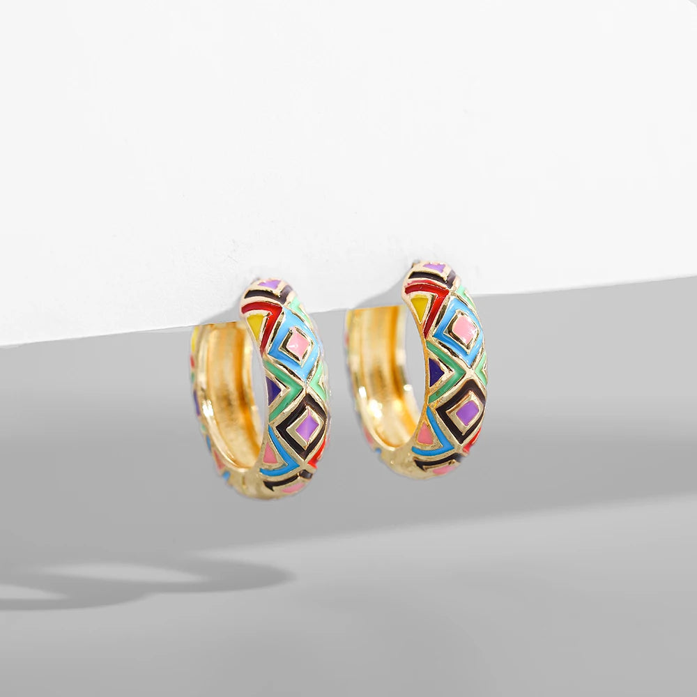Boho Multicolor Enamel Flower Hoop Earrings for Women Vintage Drop Oil Earrings Jewelry Gift