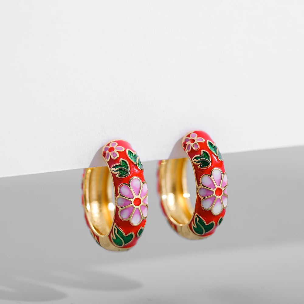 Boho Multicolor Enamel Flower Hoop Earrings for Women Vintage Drop Oil Earrings Jewelry Gift