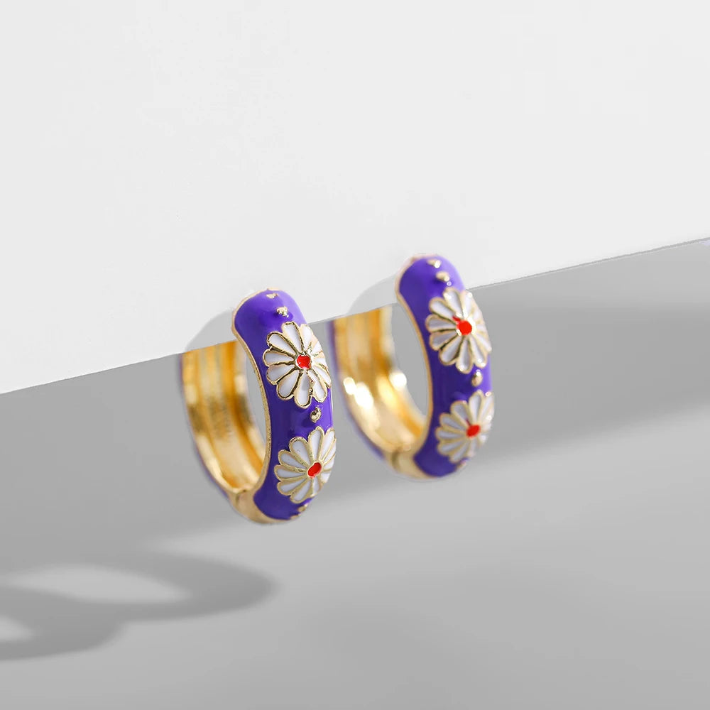 Boho Multicolor Enamel Flower Hoop Earrings for Women Vintage Drop Oil Earrings Jewelry Gift