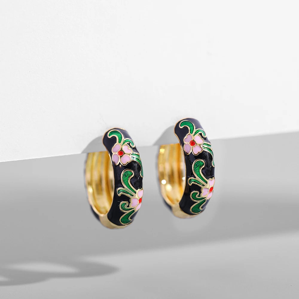 Boho Multicolor Enamel Flower Hoop Earrings for Women Vintage Drop Oil Earrings Jewelry Gift