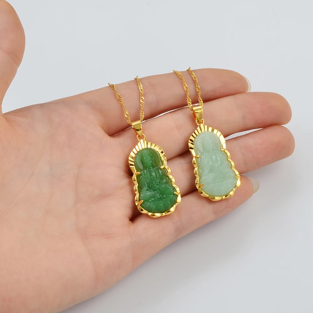 Chinese Style Buddhist Pendant Necklace Green Guanyin Pendant Necklace