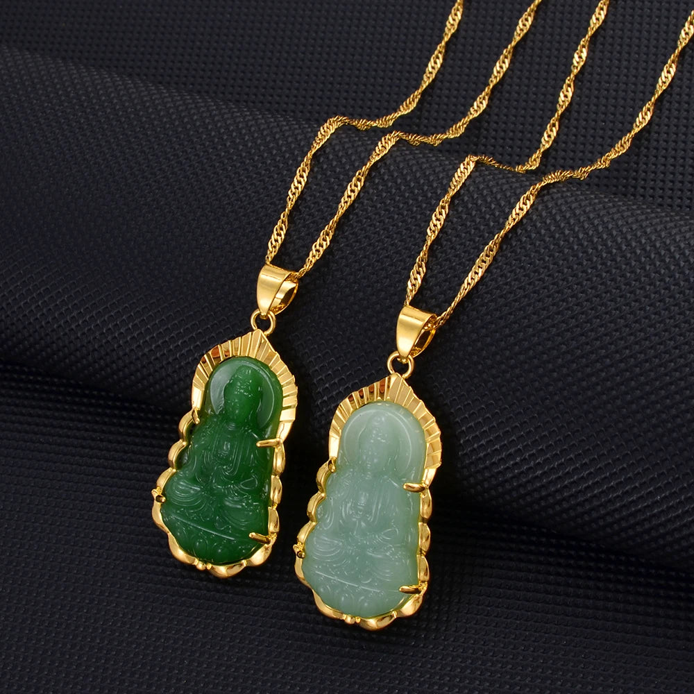 Chinese Style Buddhist Pendant Necklace Green Guanyin Pendant Necklace