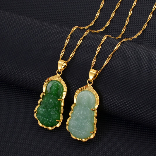 Chinese Style Buddhist Pendant Necklace Green Guanyin Pendant Necklace