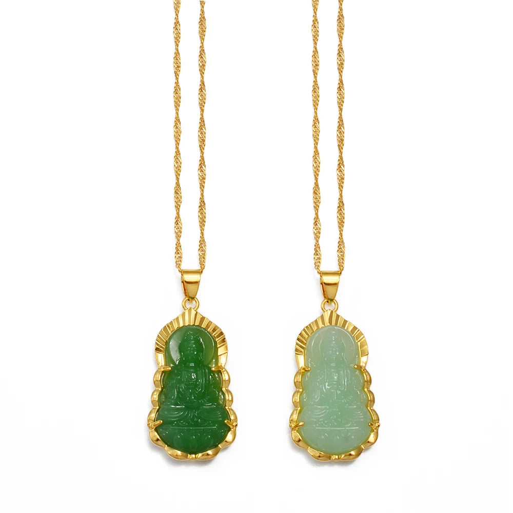 Chinese Style Buddhist Pendant Necklace Green Guanyin Pendant Necklace