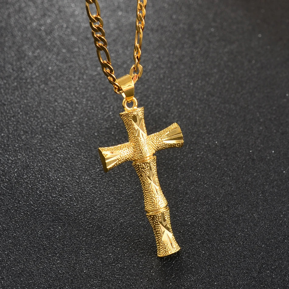 Bamboo Cross Pendant Necklace Gold Color Unisex