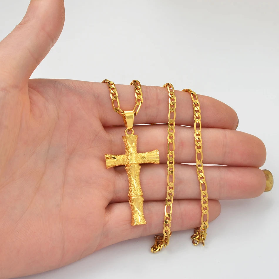 Bamboo Cross Pendant Necklace Gold Color Unisex