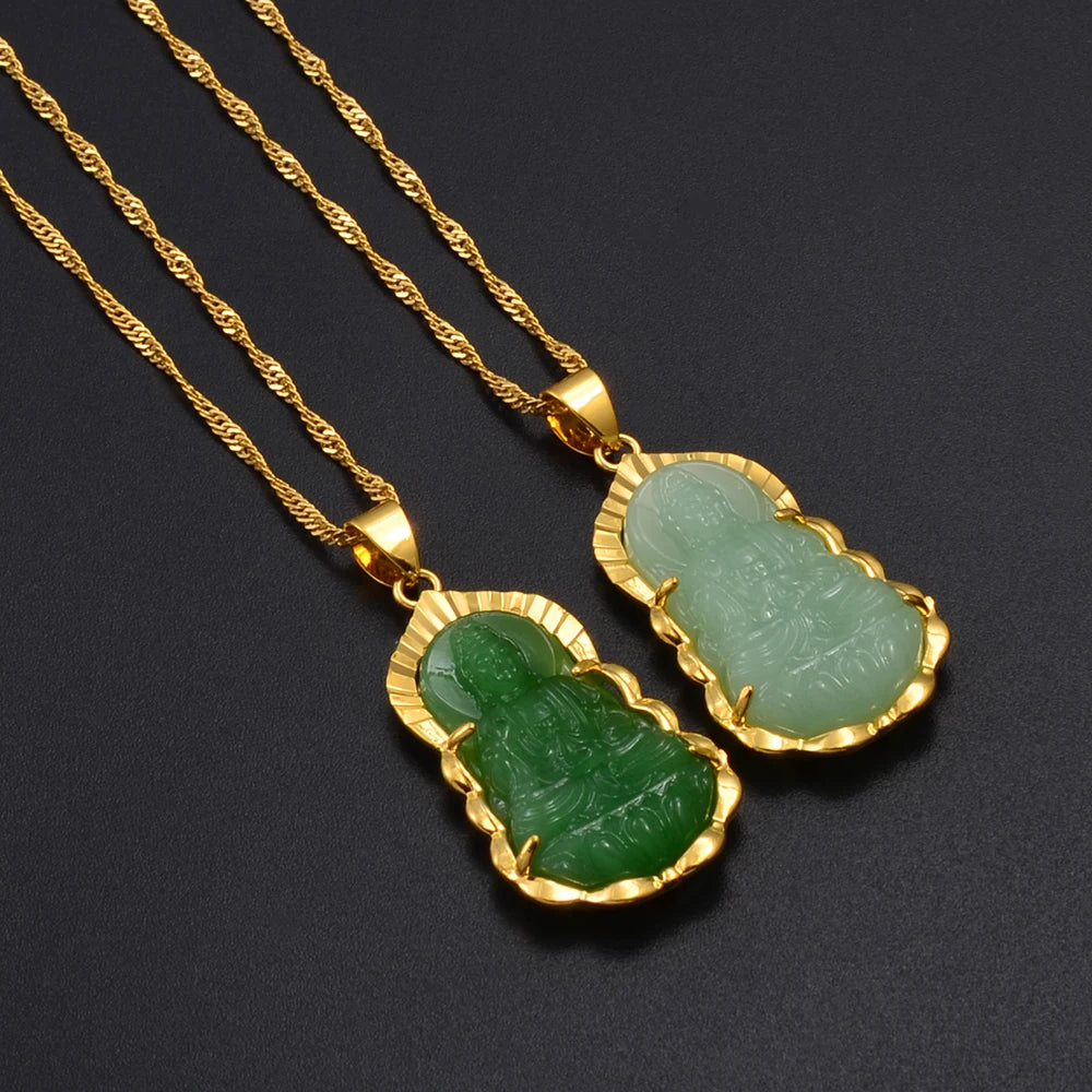 Chinese Style Buddhist Pendant Necklace Green Guanyin Pendant Necklace