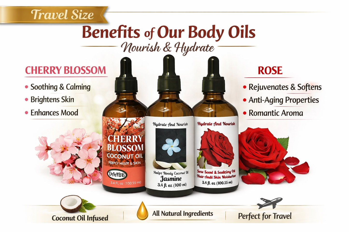 Travel Size Floral Perfume & Body Oil Trio - Jasmine, Rose & Cherry Blossom (3.4 fl oz each) PRODUCT DESCRIPTION