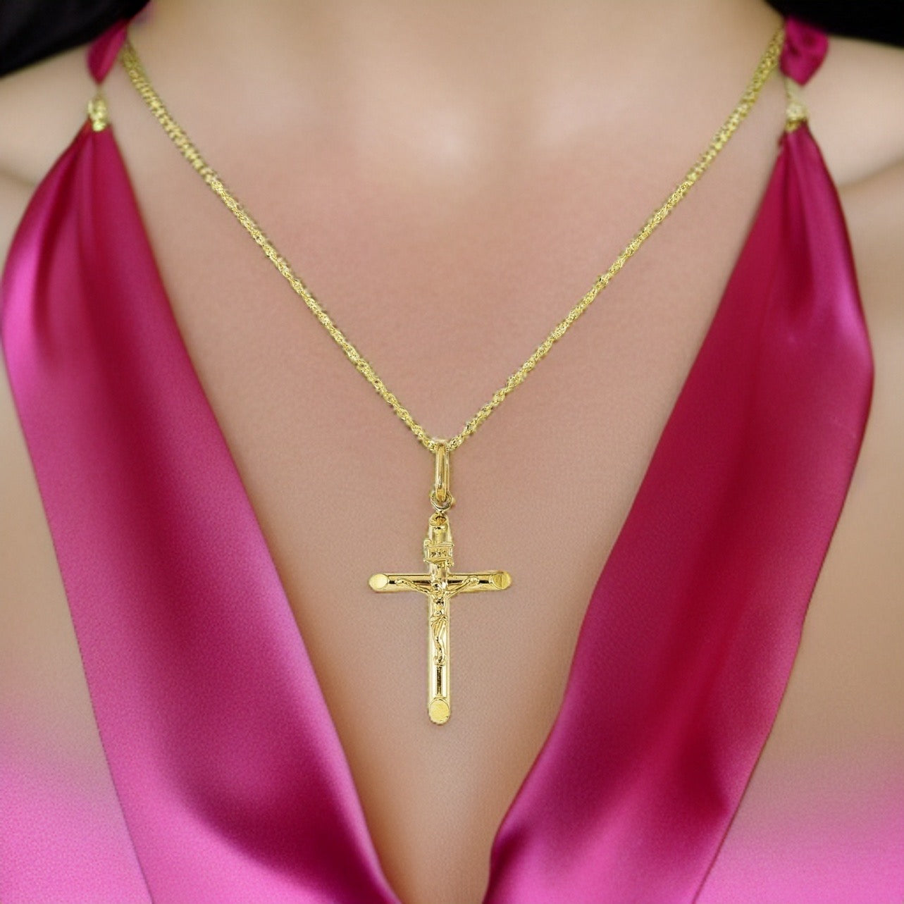 14k Yellow Gold Jesus Crucifix Cross Pendant with Luxury Italian Chain