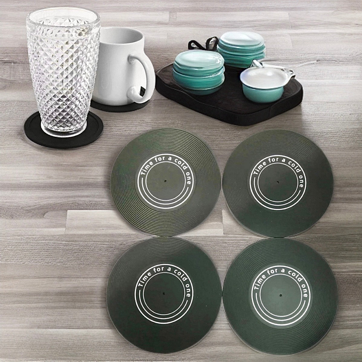 4 Piece Set “Time For A Cold One” Silicone Coasters