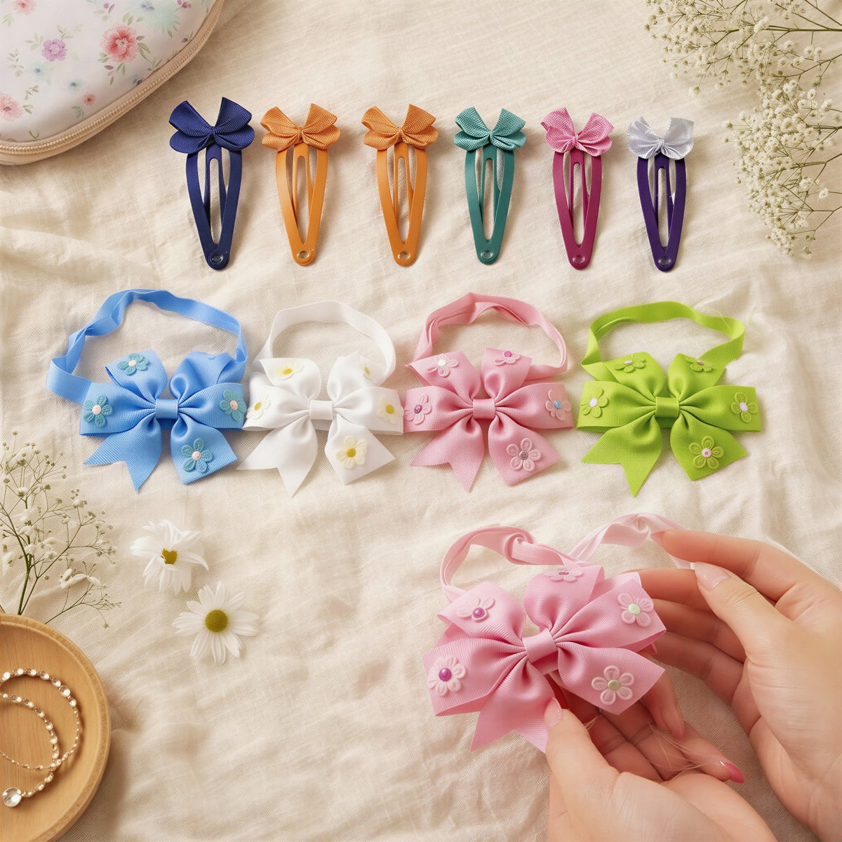 15-Piece Baby & Little Girls Hair Accessories Set – Stretchy Flower Headbands & Bow Snap Hair Clips, Colorful Hair Accessories