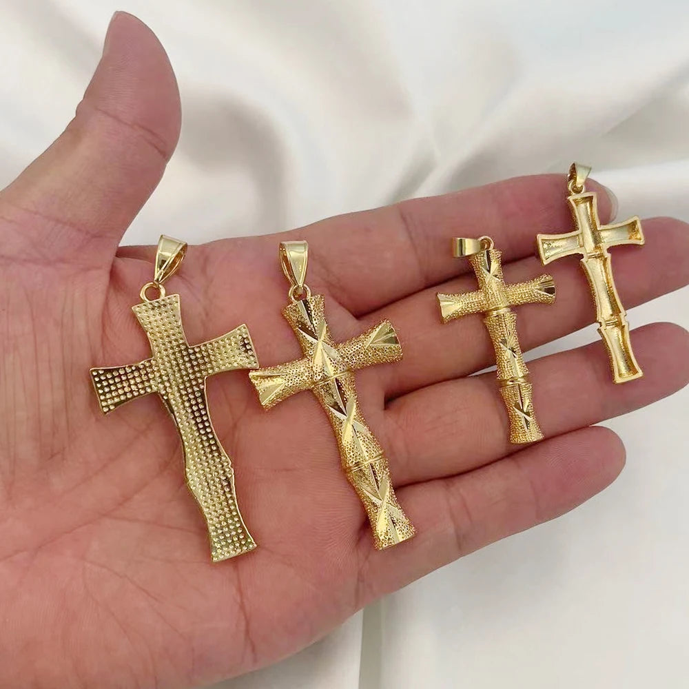 Bamboo Cross Pendant Necklace Gold Color Unisex