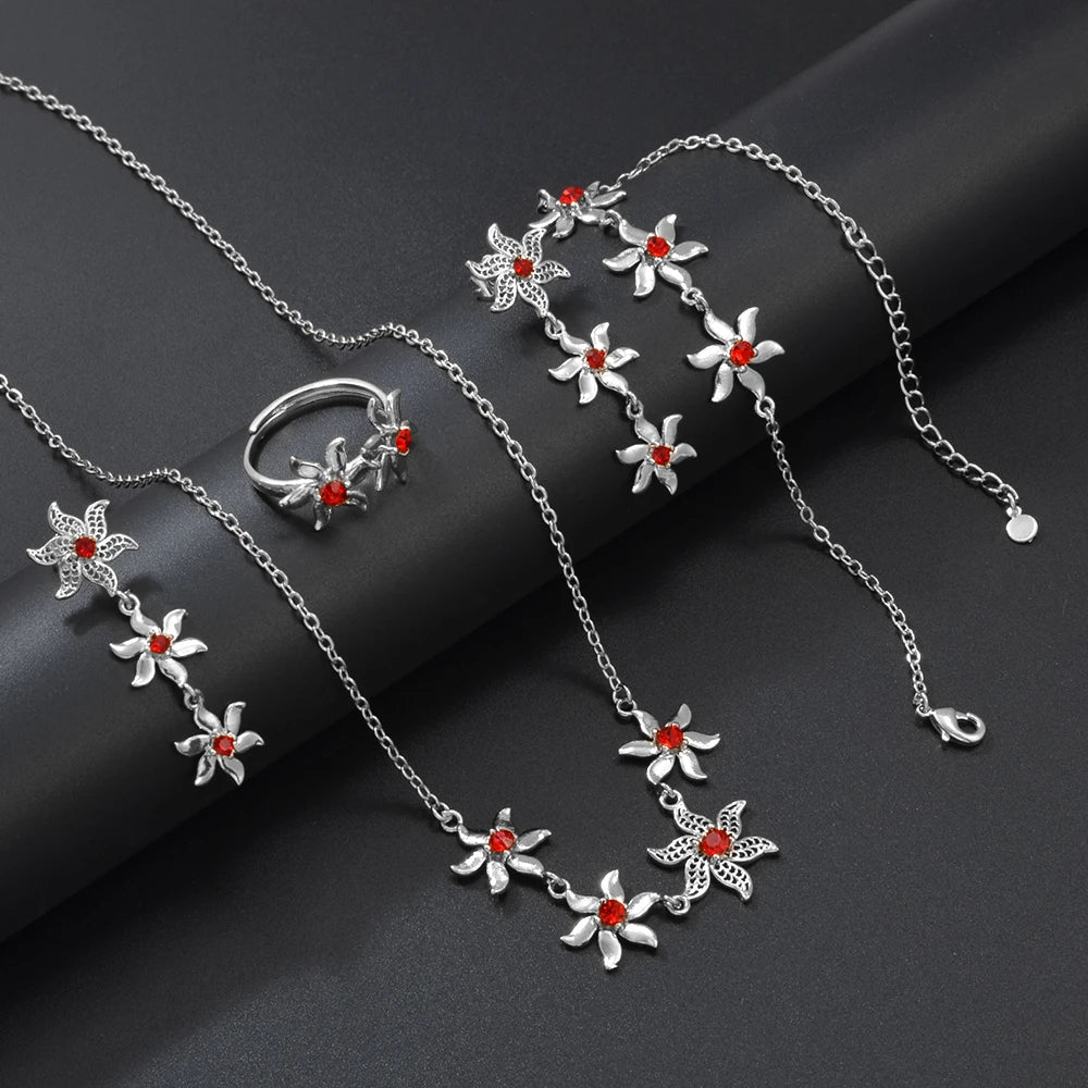 Tropical Flower Jewelry Set — Necklace, Earrings, Bracelet & Ring