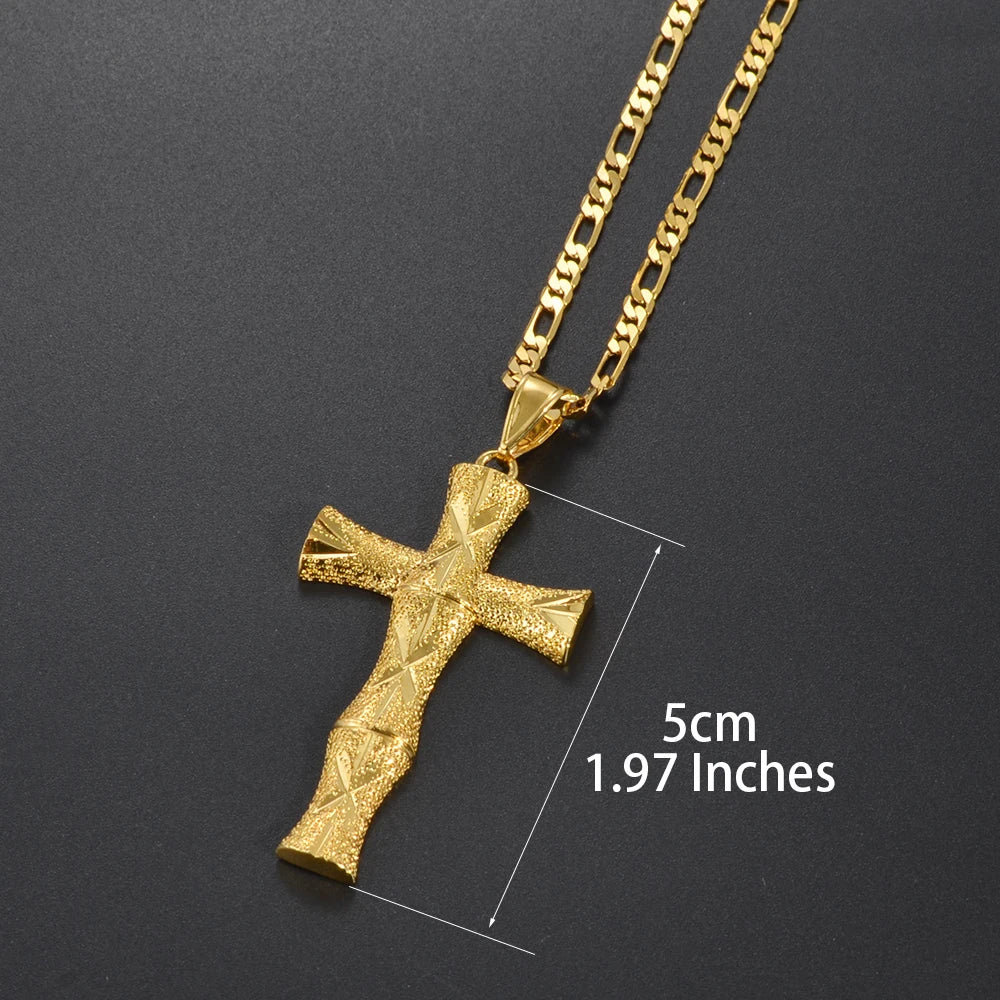 Bamboo Cross Pendant Necklace Gold Color Unisex