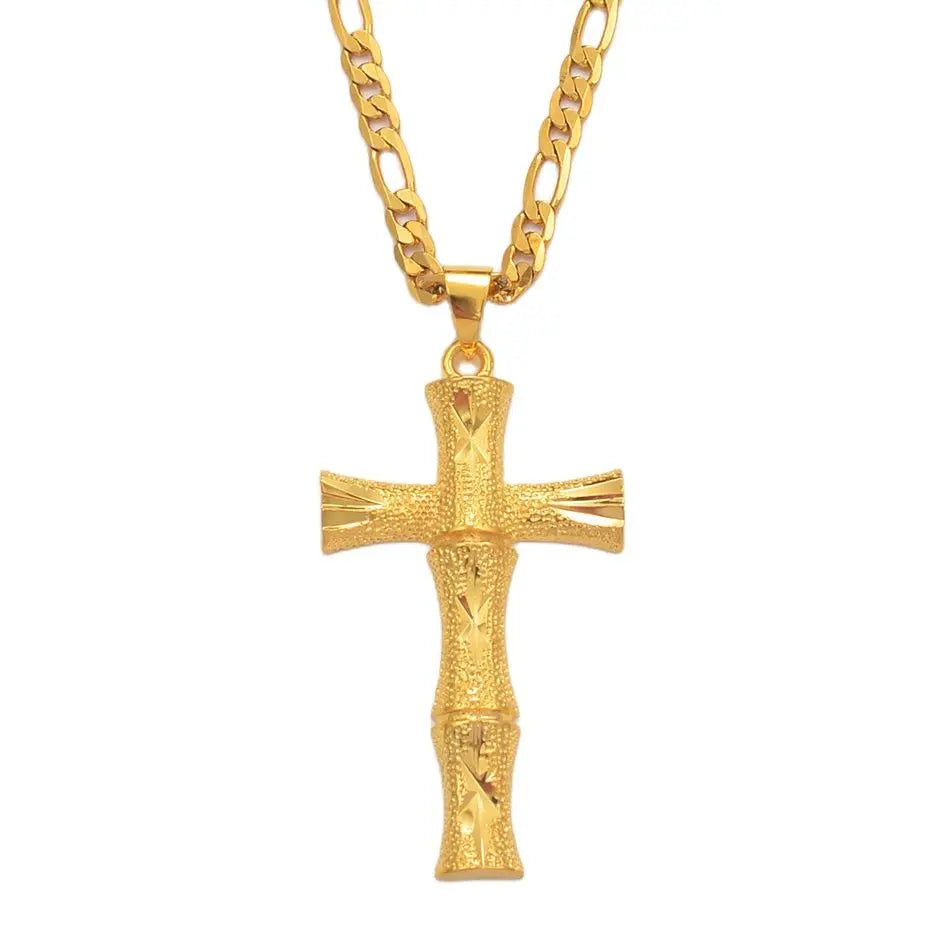 Bamboo Cross Pendant Necklace Gold Color Unisex