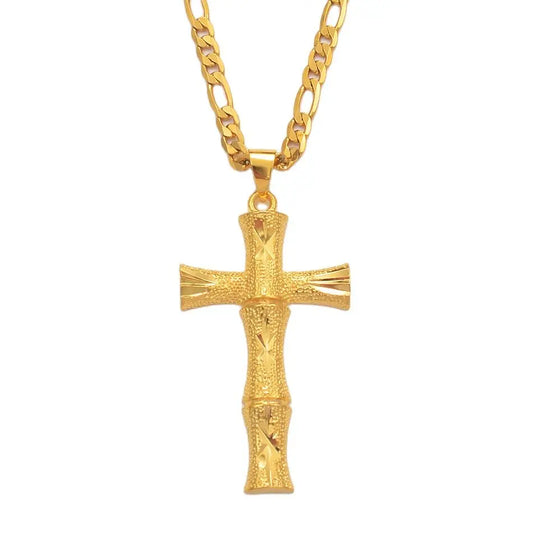 Bamboo Cross Pendant Necklace Gold Color Unisex