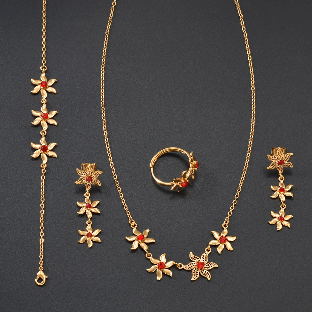 Tropical Flower Jewelry Set — Necklace, Earrings, Bracelet & Ring