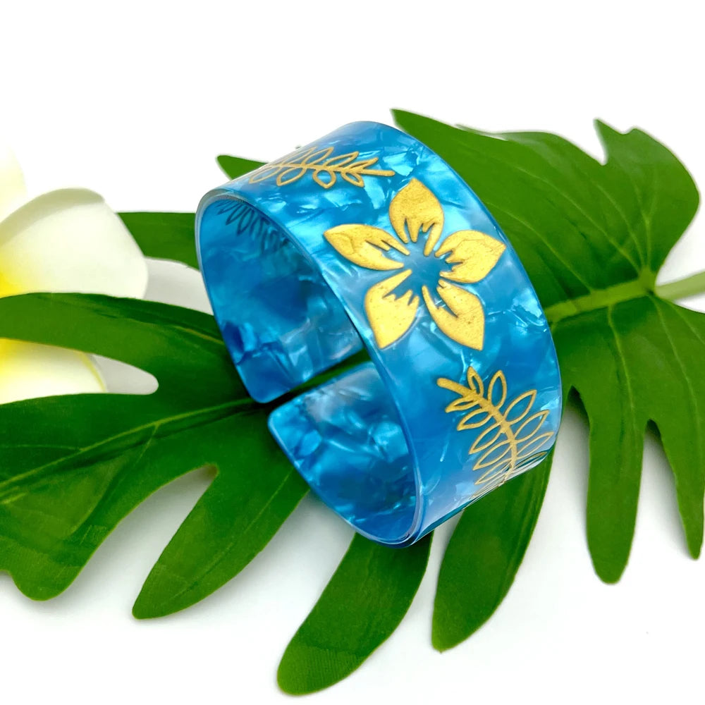 Polynesian Pacific Tropical Islanders Plumeria Flower Acrylic Cuff Bangles Bracelet For Women And Girls