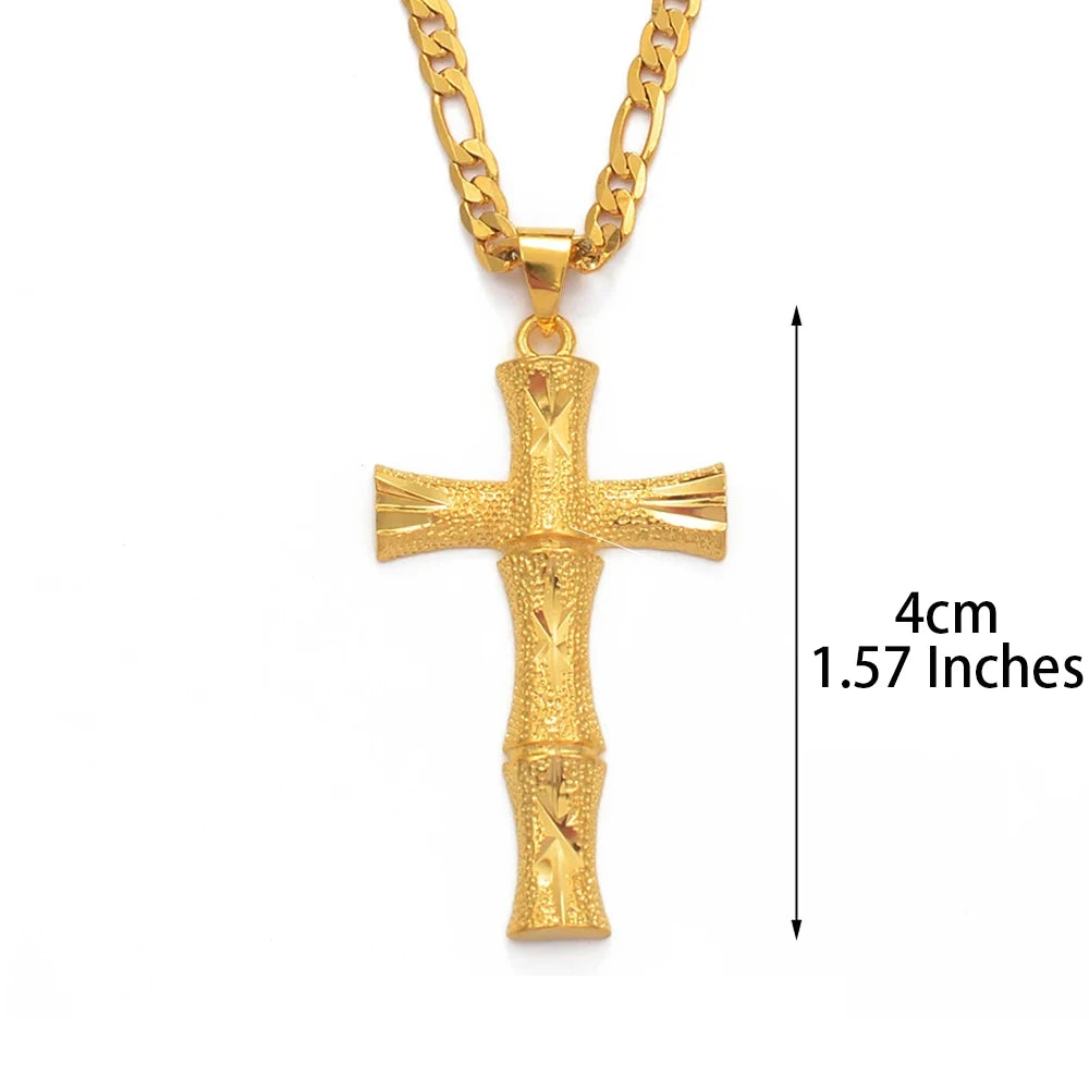 Bamboo Cross Pendant Necklace Gold Color Unisex