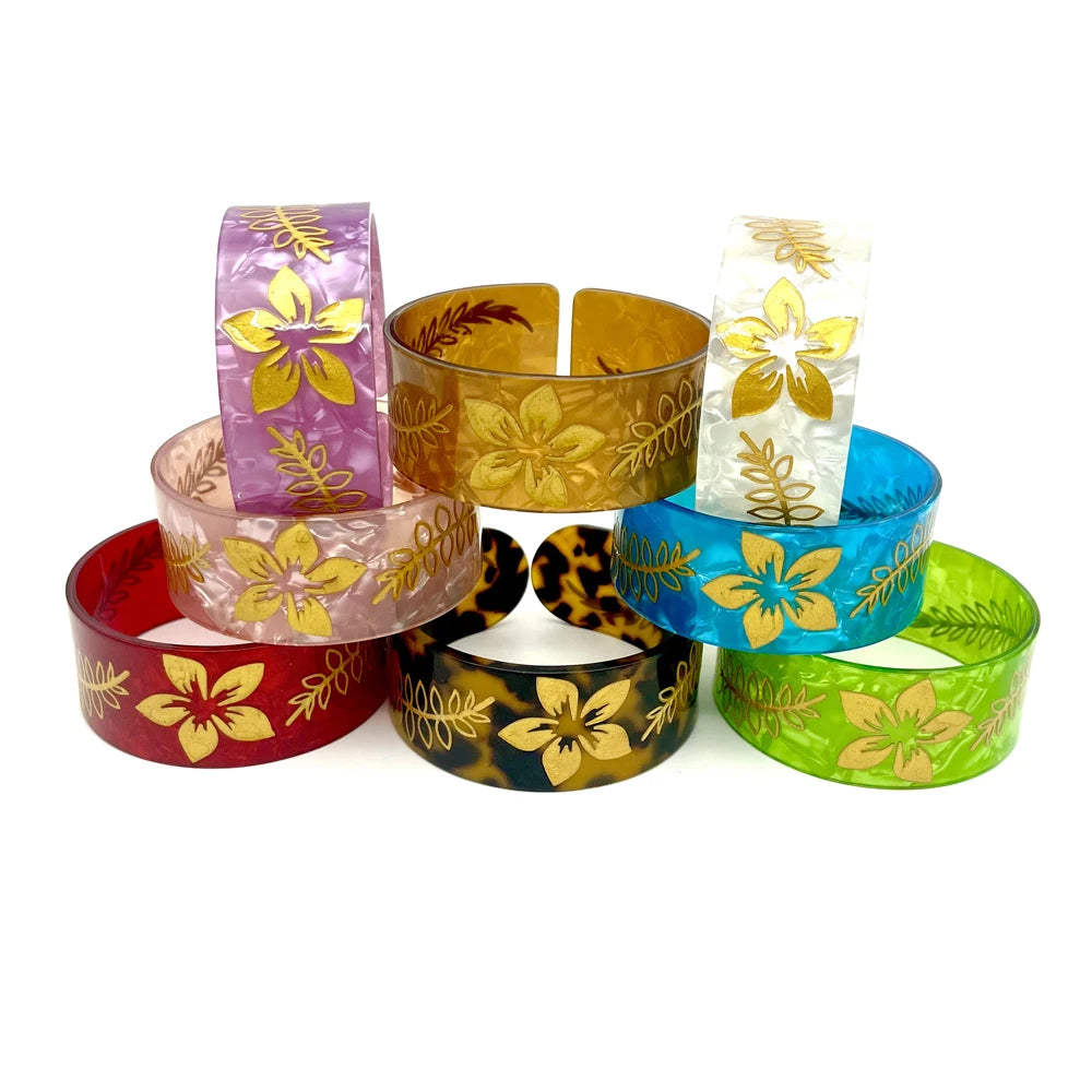Polynesian Pacific Tropical Islanders Plumeria Flower Acrylic Cuff Bangles Bracelet For Women And Girls