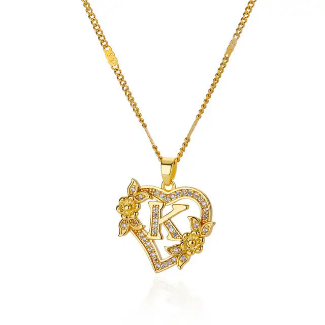Zircon Flower Initials Necklaces For Women Stainless Steel Heart Gold Color Necklace