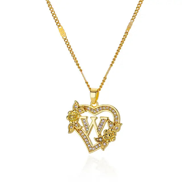 Zircon Flower Initials Necklaces For Women Stainless Steel Heart Gold Color Necklace