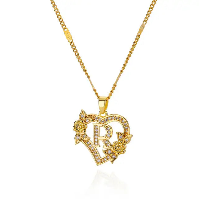 Zircon Flower Initials Necklaces For Women Stainless Steel Heart Gold Color Necklace