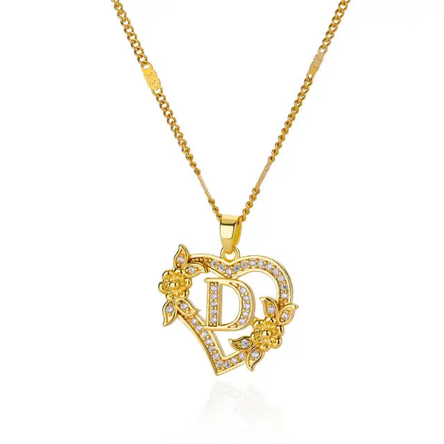 Zircon Flower Initials Necklaces For Women Stainless Steel Heart Gold Color Necklace