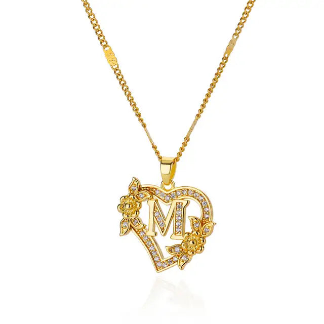 Zircon Flower Initials Necklaces For Women Stainless Steel Heart Gold Color Necklace
