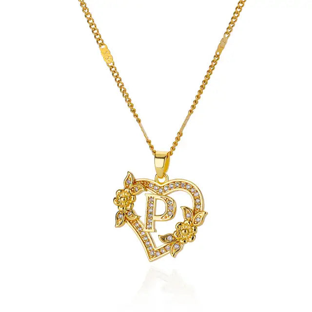 Zircon Flower Initials Necklaces For Women Stainless Steel Heart Gold Color Necklace