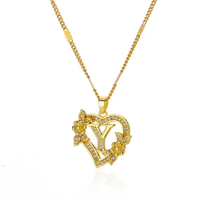 Zircon Flower Initials Necklaces For Women Stainless Steel Heart Gold Color Necklace