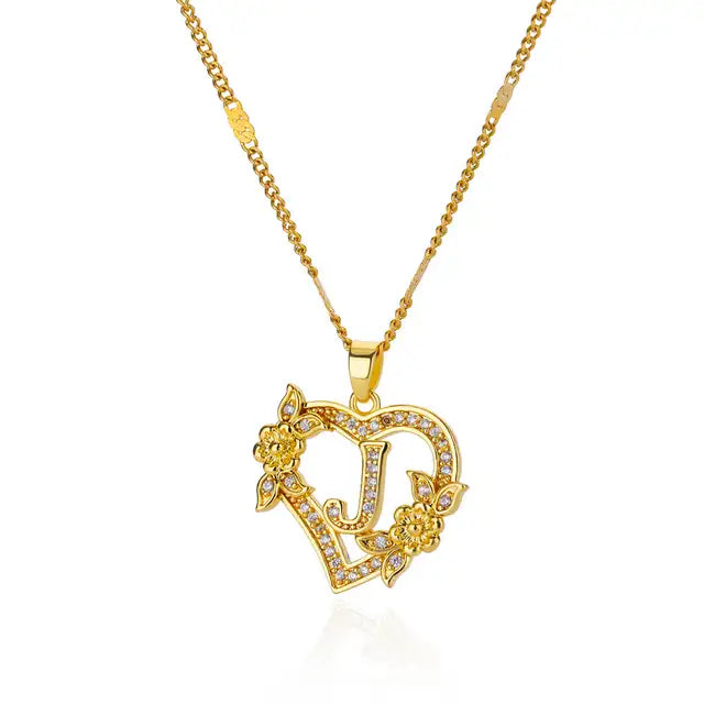 Zircon Flower Initials Necklaces For Women Stainless Steel Heart Gold Color Necklace