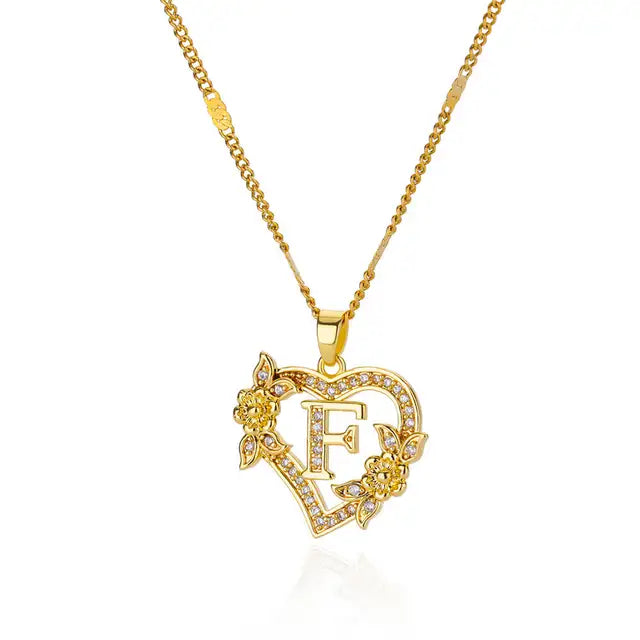 Zircon Flower Initials Necklaces For Women Stainless Steel Heart Gold Color Necklace