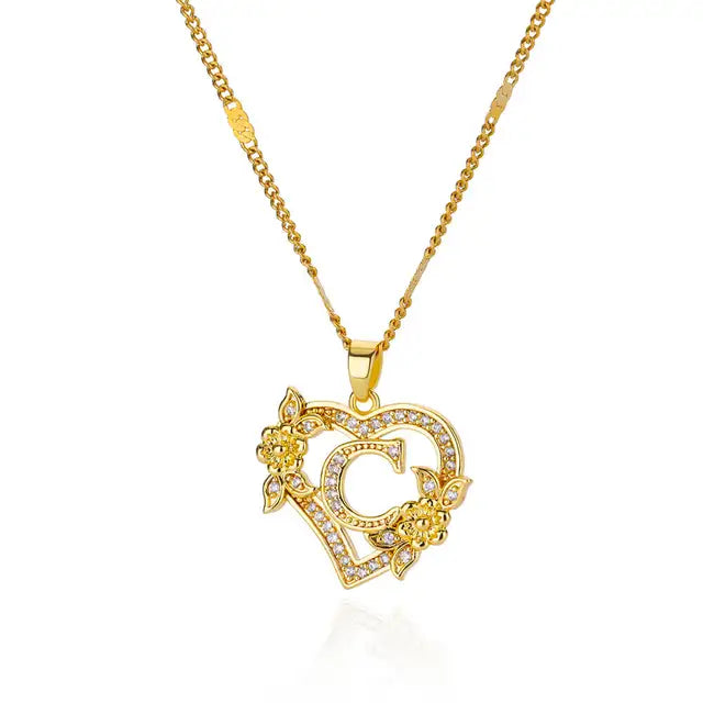 Zircon Flower Initials Necklaces For Women Stainless Steel Heart Gold Color Necklace
