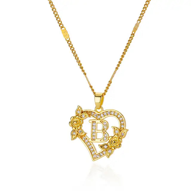 Zircon Flower Initials Necklaces For Women Stainless Steel Heart Gold Color Necklace